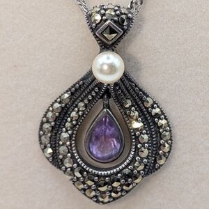 Marcasite, Amethyst, Pearl And Silver Necklace